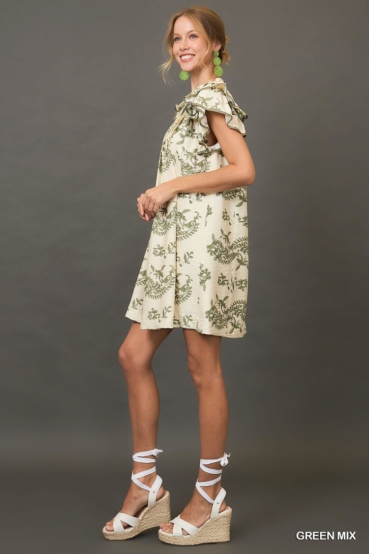 Umgee Two Tone Paisley Print Tiered Mini Dress