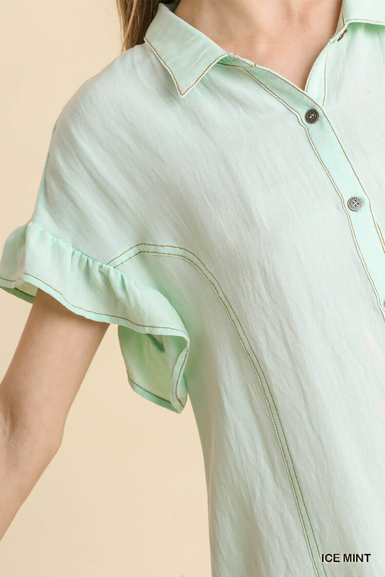Umgee Snow Washed Button Down Ruffle Short Sleeve Dress with No Lining