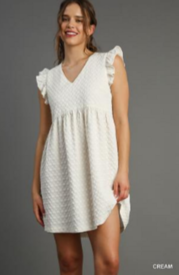 Umgee Textured Jacquard Babydoll Dress with V-neck and Ruffle Cap Sleeves