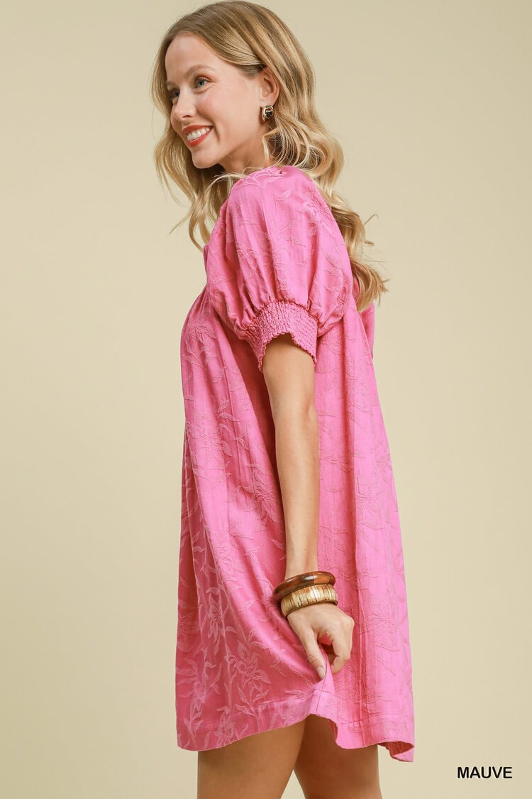 Umgee Textured Floral Square Neck Mini Dress