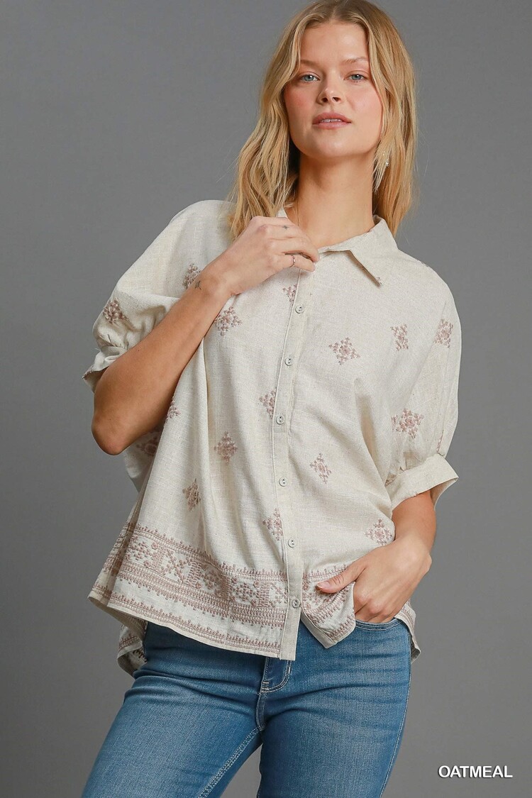 Umgee Aztec Embroidered Button Down Top