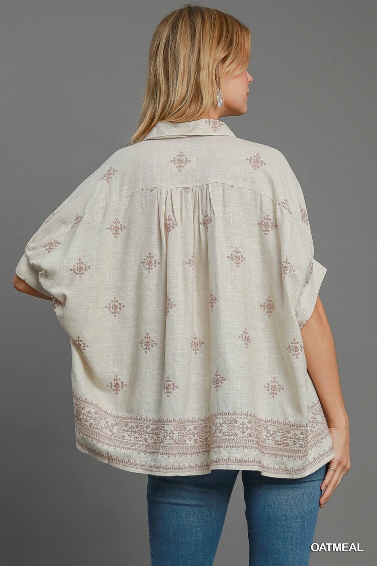 Umgee Aztec Embroidered Button Down Top