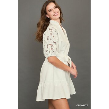 Umgee V-Neck Tiered Mini Dress with Lace Sleeves