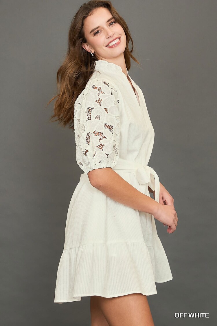 Umgee V Neck Tiered Mini Dress with Lace Contrast Sleeves