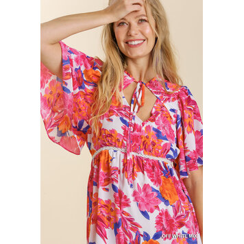 Umgee Floral Print Front Tie Lace Trim Short Sleeve Dress with Back Cut Out & No Lining