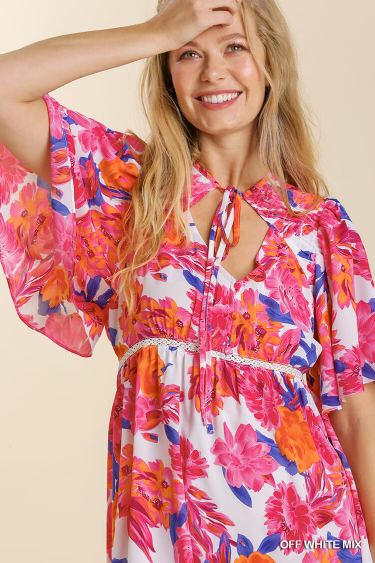 Umgee Pink Floral Print Front Tie Lace Sleeve Dress