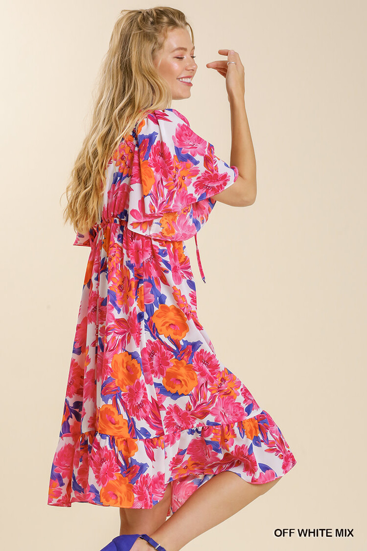 Umgee Pink Floral Print Front Tie Lace Sleeve Dress
