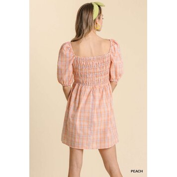 Umgee Mixed Striped Plaid Print Smocked Puff Sleeve Dress