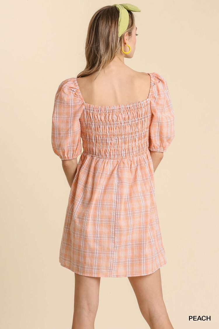 Umgee Mixed Striped Plaid Print Smocked Dress
