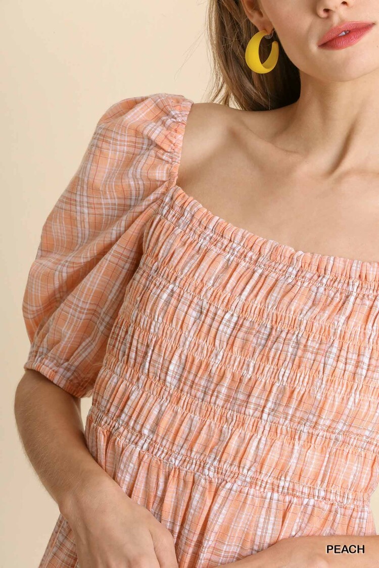 Umgee Mixed Striped Plaid Print Smocked Puff Sleeve Dress