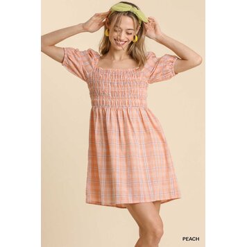 Umgee Mixed Striped Plaid Print Smocked Dress