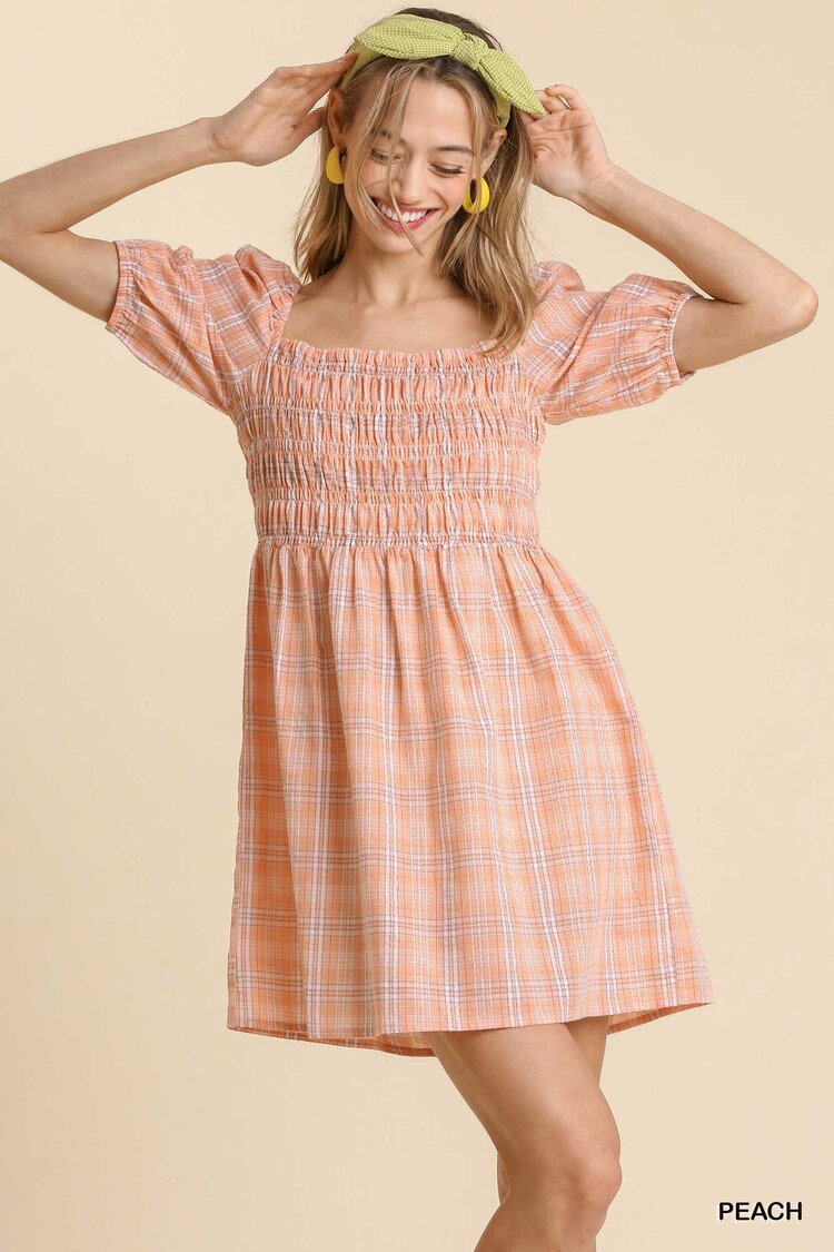 Umgee Mixed Striped Plaid Print Smocked Puff Sleeve Dress