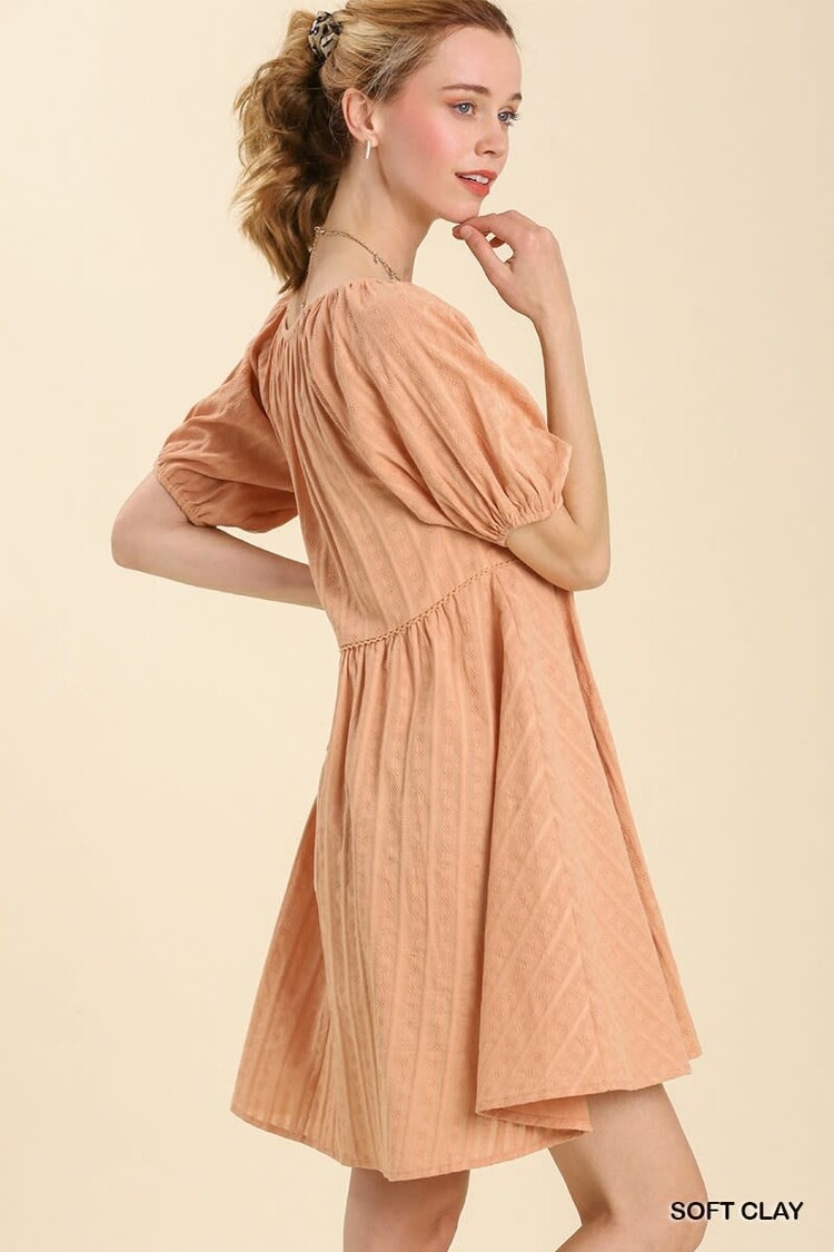 Umgee Pleated Dress with Front Top Lining & Puff Cuffed Sleeves
