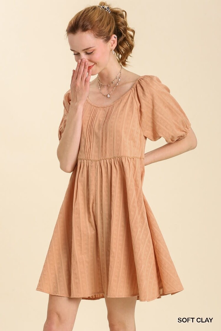 Umgee Pleated Dress with Front Top Lining & Puff Sleeves