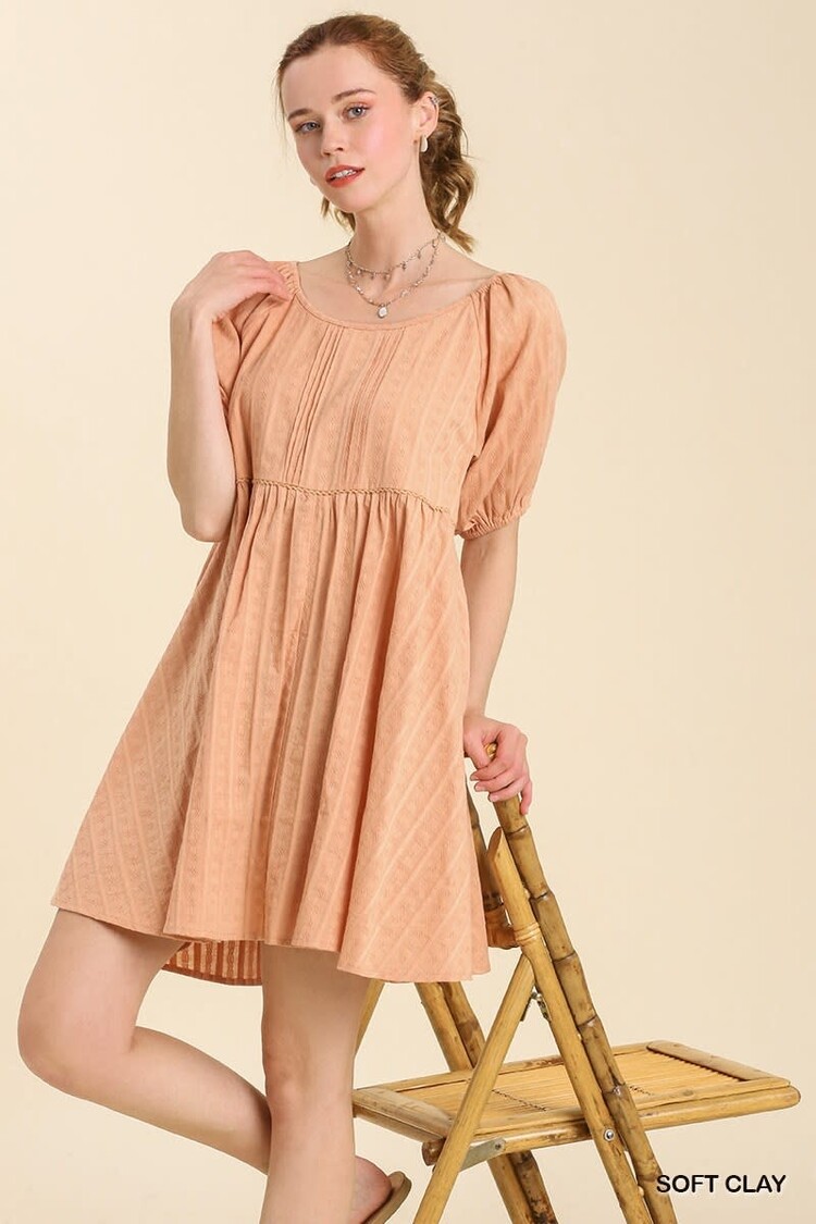 Umgee Pleated Dress with Front Top Lining & Puff Sleeves