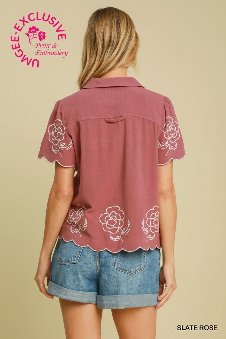 Umgee Linen Floral Embroidered Button-Up Top