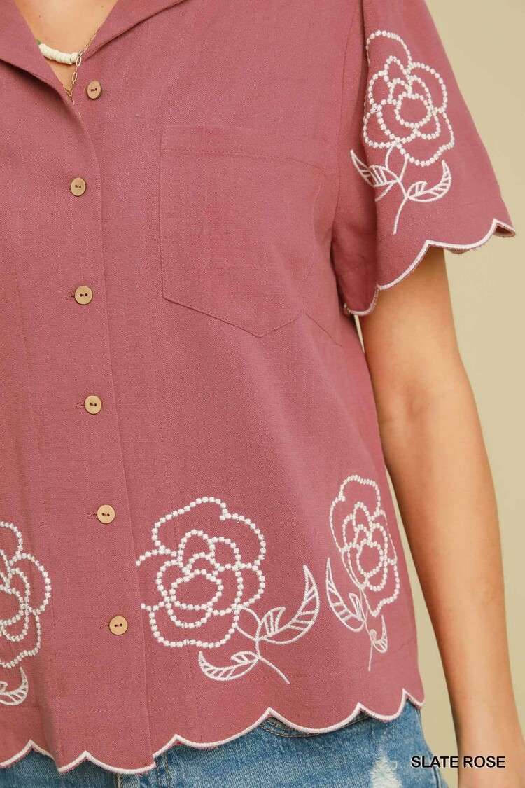 Umgee Linen Floral Embroidered Button-Up Top