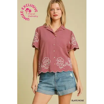 Umgee Linen Floral Embroidered Button-Up Top