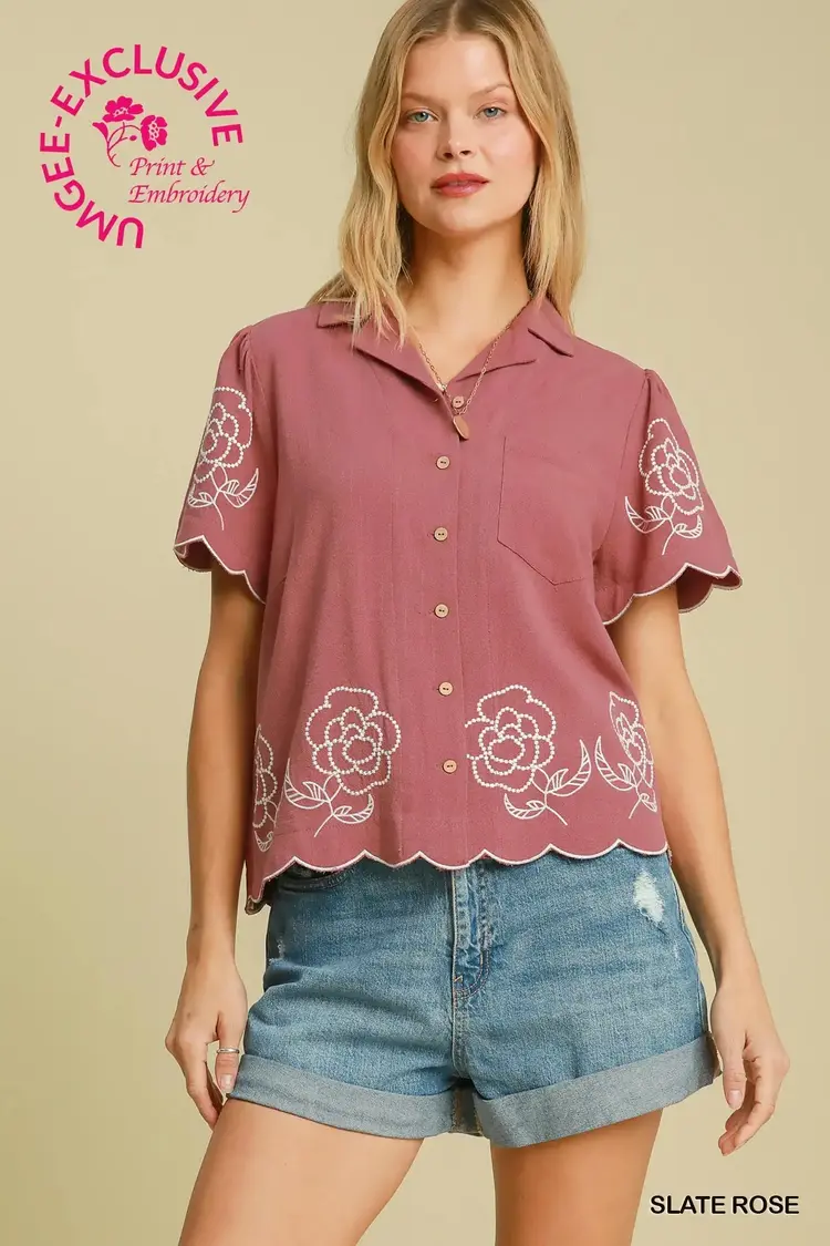 Umgee Linen Floral Embroidered Button-Up Top