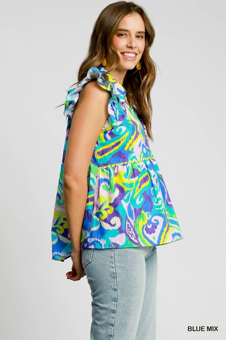 Umgee Baby Doll V-Neck Top with Ruffle Cap Sleeves with Edge Lace Trim