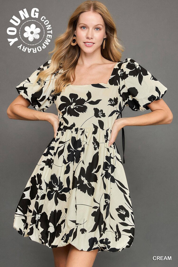 Umgee Two Tone Floral Print Babydoll Dress