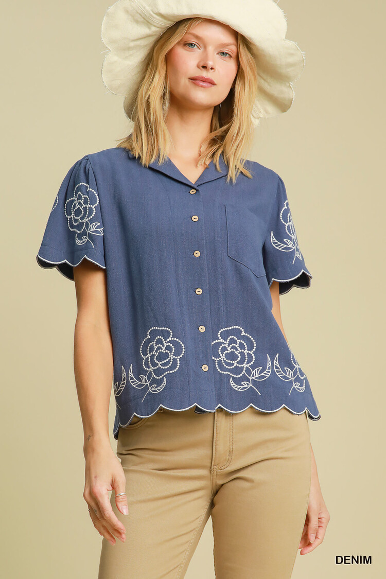 Umgee Linen Floral Embroidered Button-Up Top