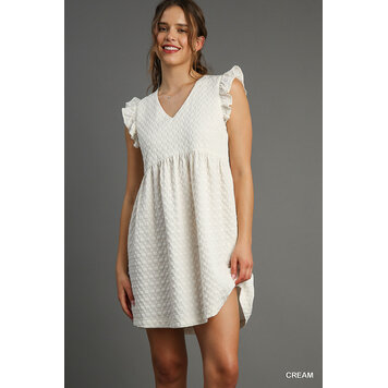 Umgee Textured Jacquard Babydoll Dress with V-neck and Ruffle Cap Sleeves