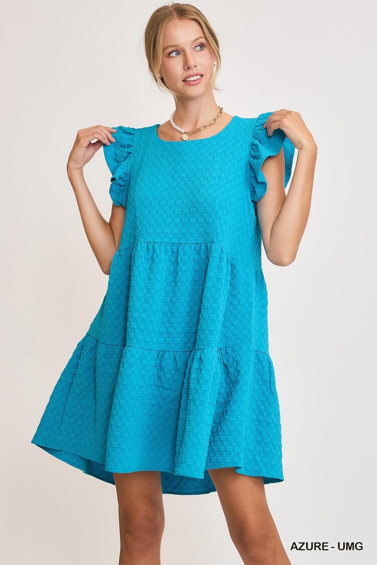 Umgee Texture Jacquard Round Neck Tiered A-Line Dress with Back Button Keyhole