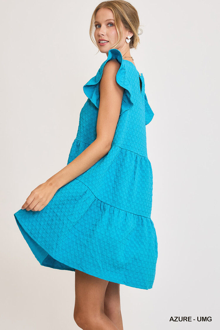 Umgee Texture Jacquard Round Neck Tiered A-Line Dress with Back Button Keyhole