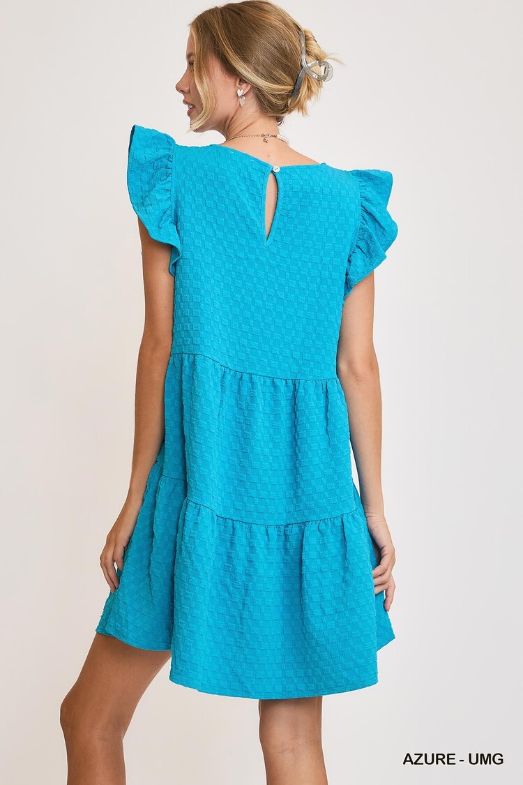 Umgee Texture Jacquard Round Neck Tiered A-Line Dress with Back Button Keyhole