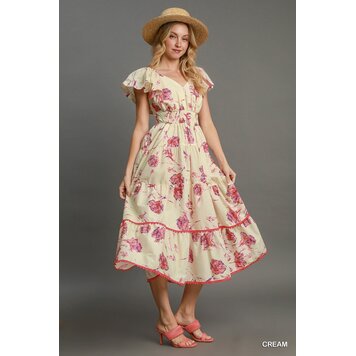 Umgee Tiered Floral Print Maxi Dress Cream M