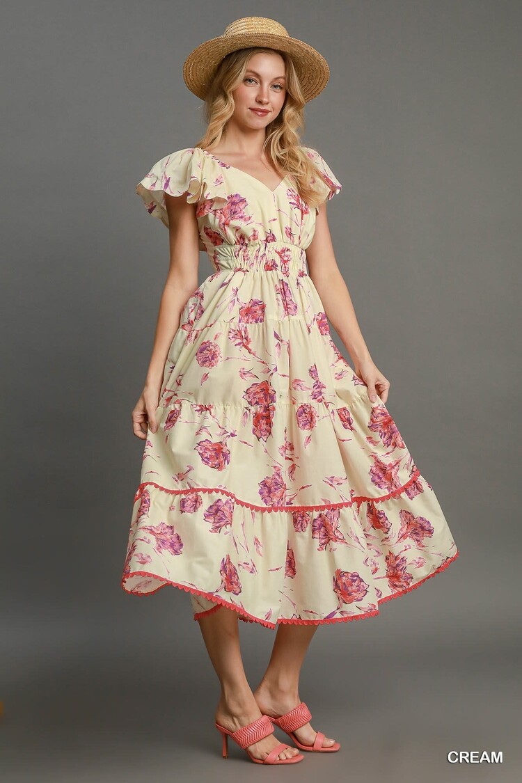 Umgee Tiered Floral Print Maxi Dress Cream M