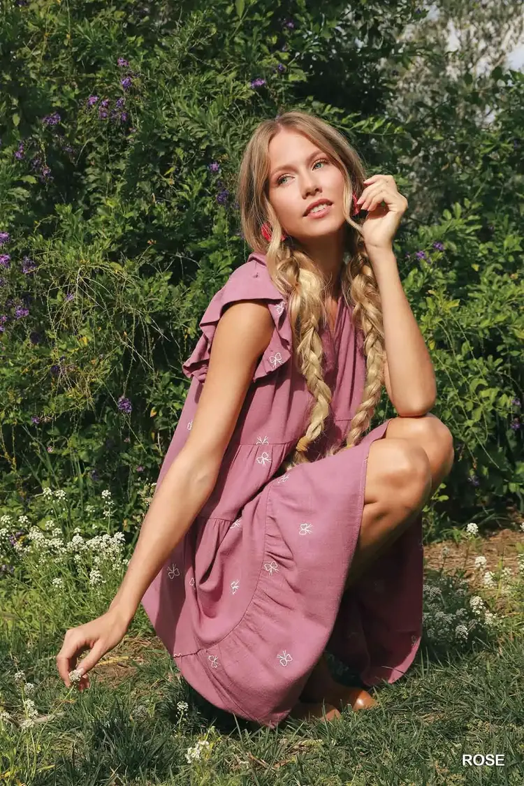 Umgee Linen Flutter Embroidered Mini Dress