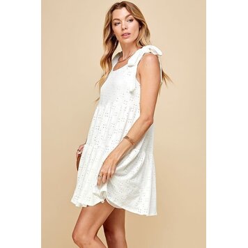 Fashion Go Solid Eyelet Tiered Mini Dress With Ribbon Tie Ivory S