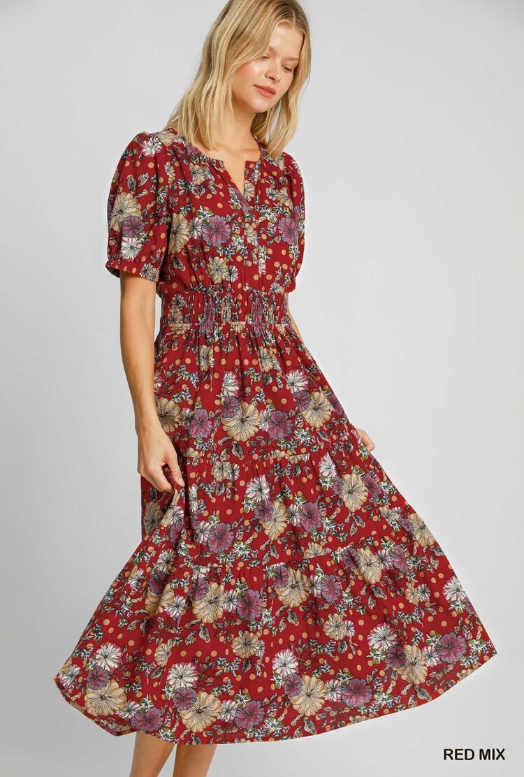 Umgee No Lining Floral Print Tiered Midi Dress with Elastic Detailed Waist Red Mix M
