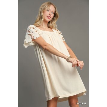 Umgee Natural Linen Floral Lace Contrast Square Neck Dress