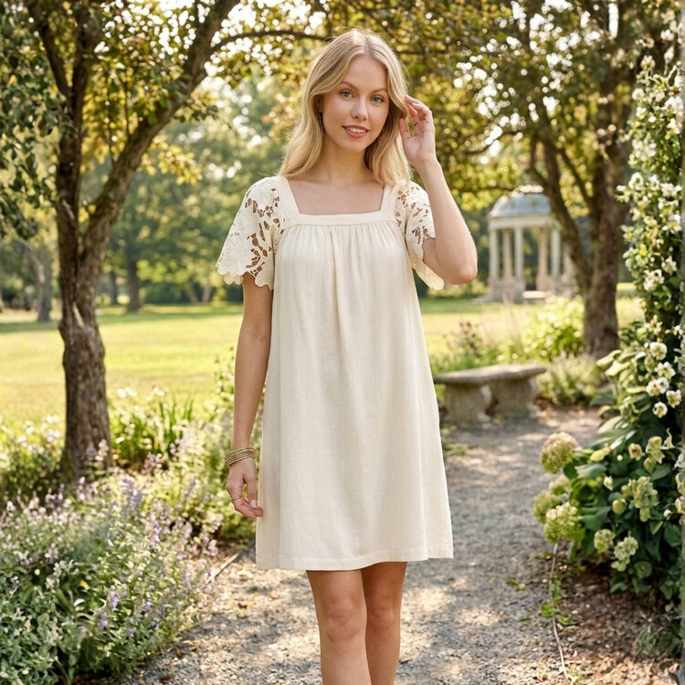 Umgee Natural Linen Floral Lace Contrast Square Neck Dress