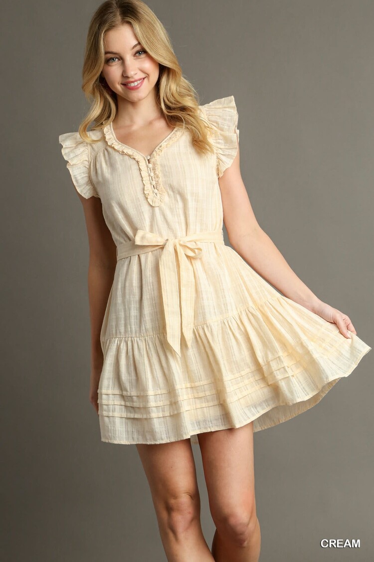 Umgee Checkered Texture Fabric Dress with Ruffle Details, Belt Tie & Pin-Tucks