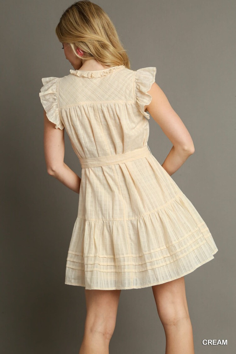 Umgee Checkered Texture Fabric Dress with Ruffle Details, Belt Tie & Pin-Tucks