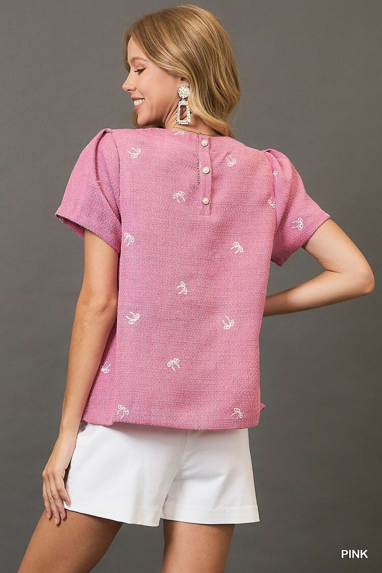 Umgee Ribbon Embroidered Tweed Top