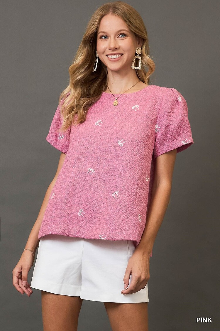 Umgee Ribbon Embroidered Tweed Top