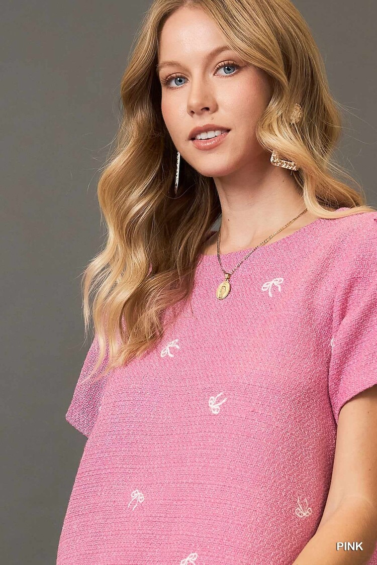 Umgee Ribbon Embroidered Tweed Top