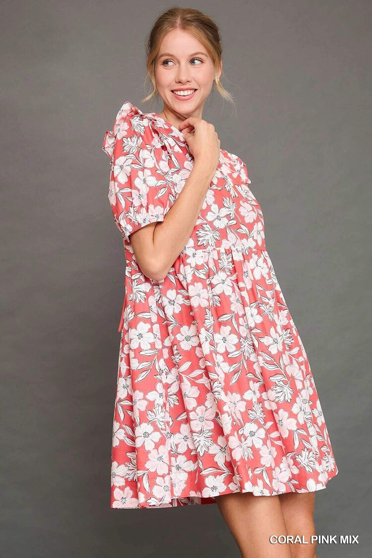 Umgee Floral Print Mini Dress with Back Ribbon Detail