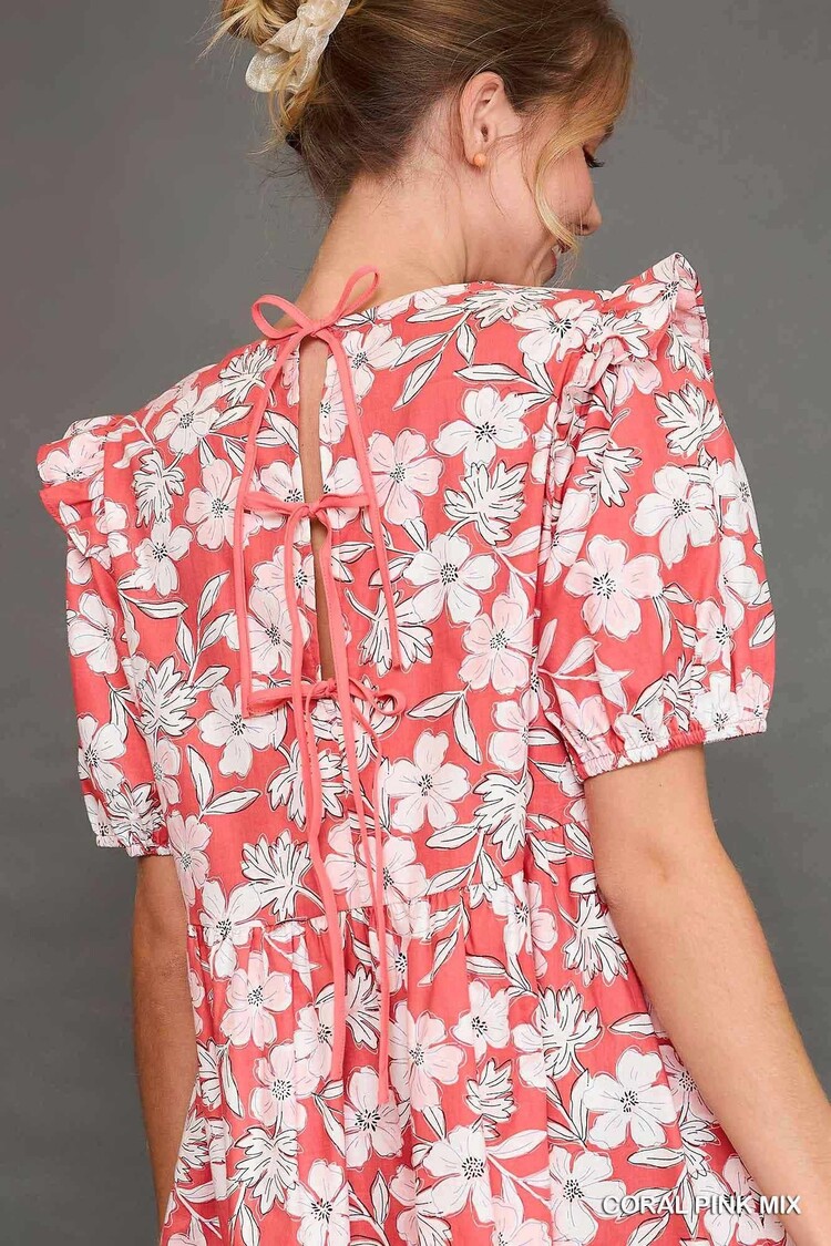 Umgee Floral Print Mini Dress with Back Ribbon Detail