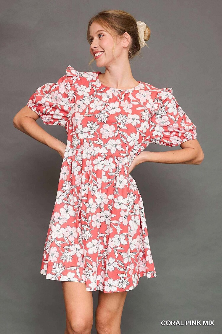 Umgee Floral Print Mini Dress with Back Ribbon Detail