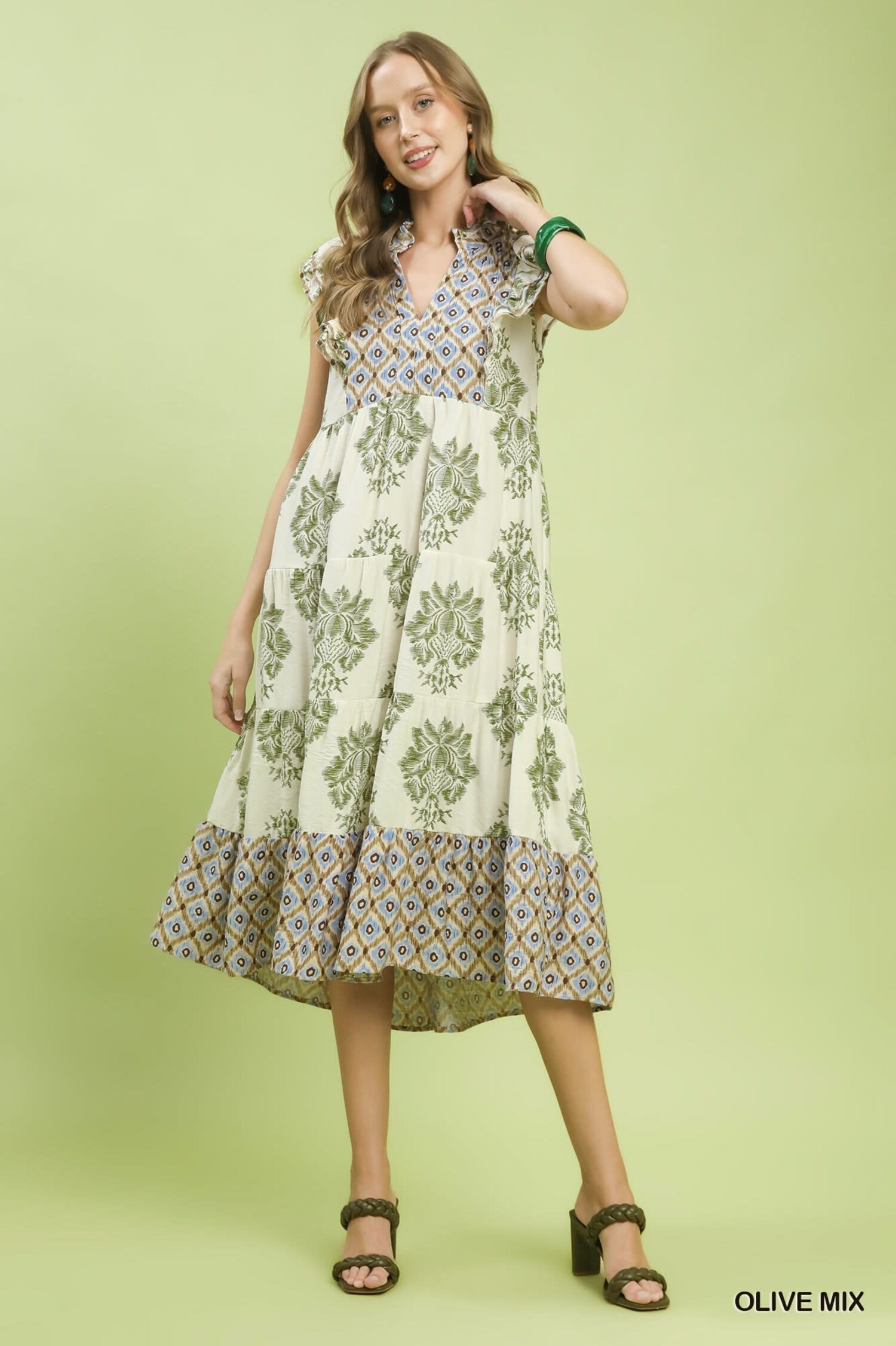 mixed print midi dress VOY Floral Print and Solid Mix Print Midi Dress in Coral M
