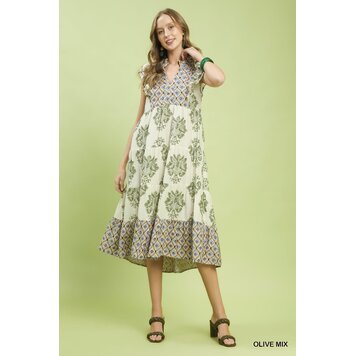 Umgee Ruffle Sleeve Mixed Print Midi Dress