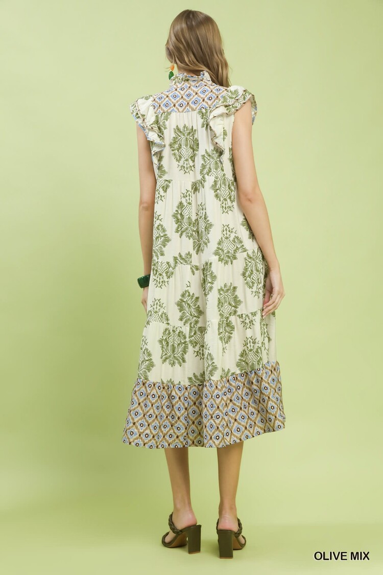 Umgee Ruffle Sleeve Mixed Print Midi Dress