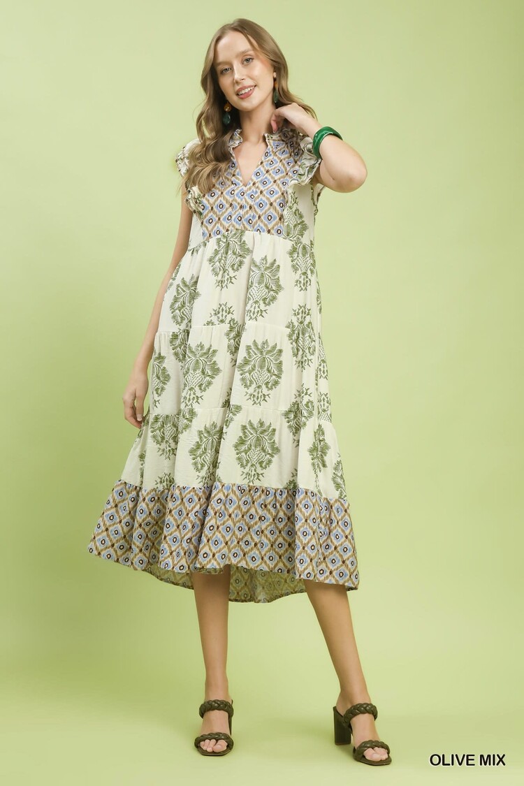 Umgee Ruffle Sleeve Mixed Print Midi Dress