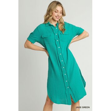 Umgee Button Up Cotton Gauze Midi Dress with Pocket Details Jade Green S